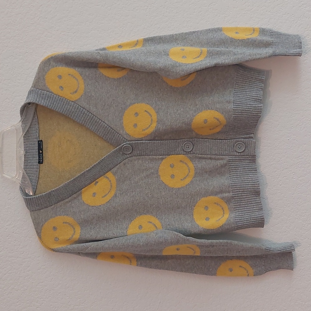NIKKA K Gray Cardigan with Yellow Smiley Faces NWOT